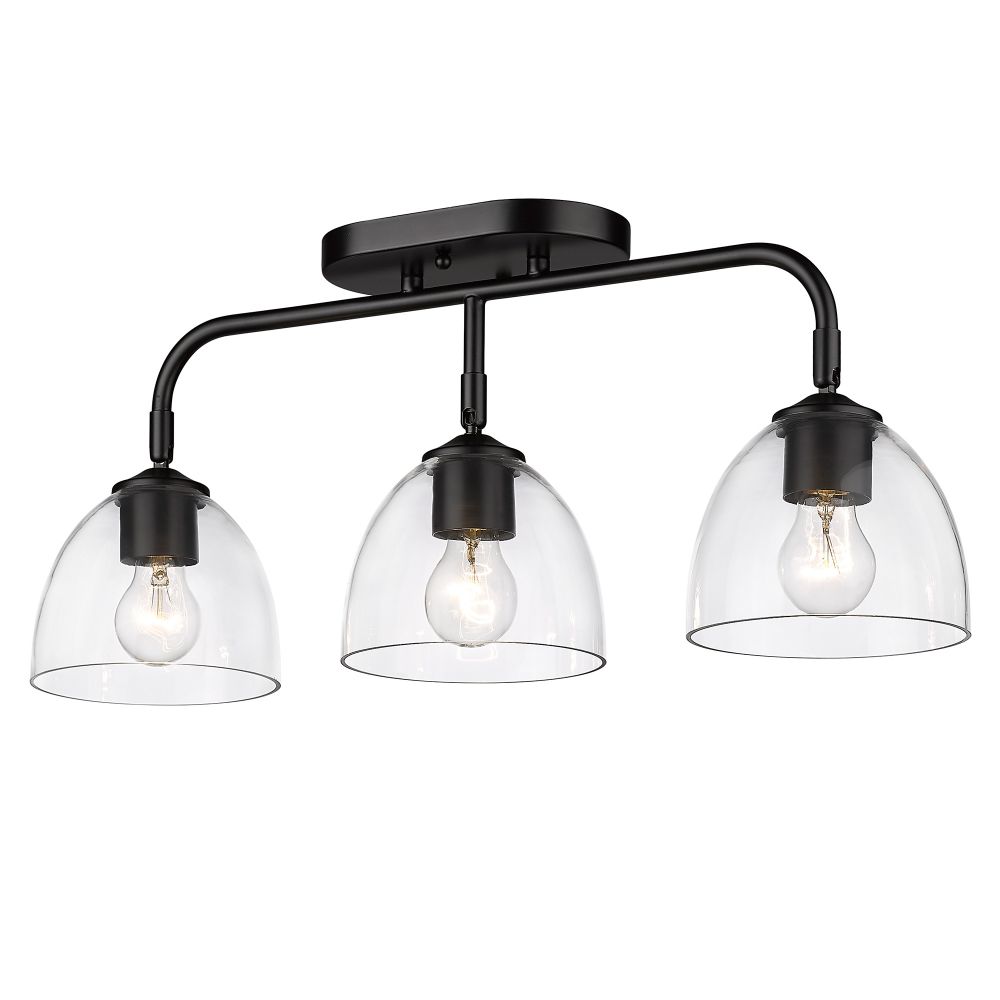 Golden Lighting 6958-3SF BLK-BLK-CLR Roxie 3 Light Semi-Flush in Matte Black with Matte Black Accents and Clear Glass Shade